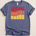 T-shirt with "CAFFEINE CODEINE CHAOS" in layered red, orange, and yellow text.