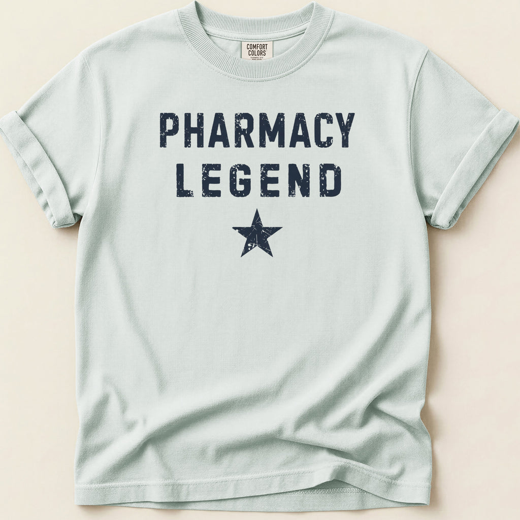 Light blue t-shirt with "PHARMACY LEGEND" and a star.
