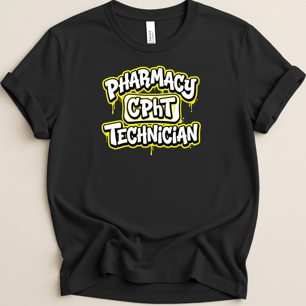 Black t-shirt with "Pharmacy CPHT Technician" in yellow graffiti-style text.