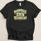 Black t-shirt with "Pharmacy CPHT Technician" in yellow graffiti-style text.