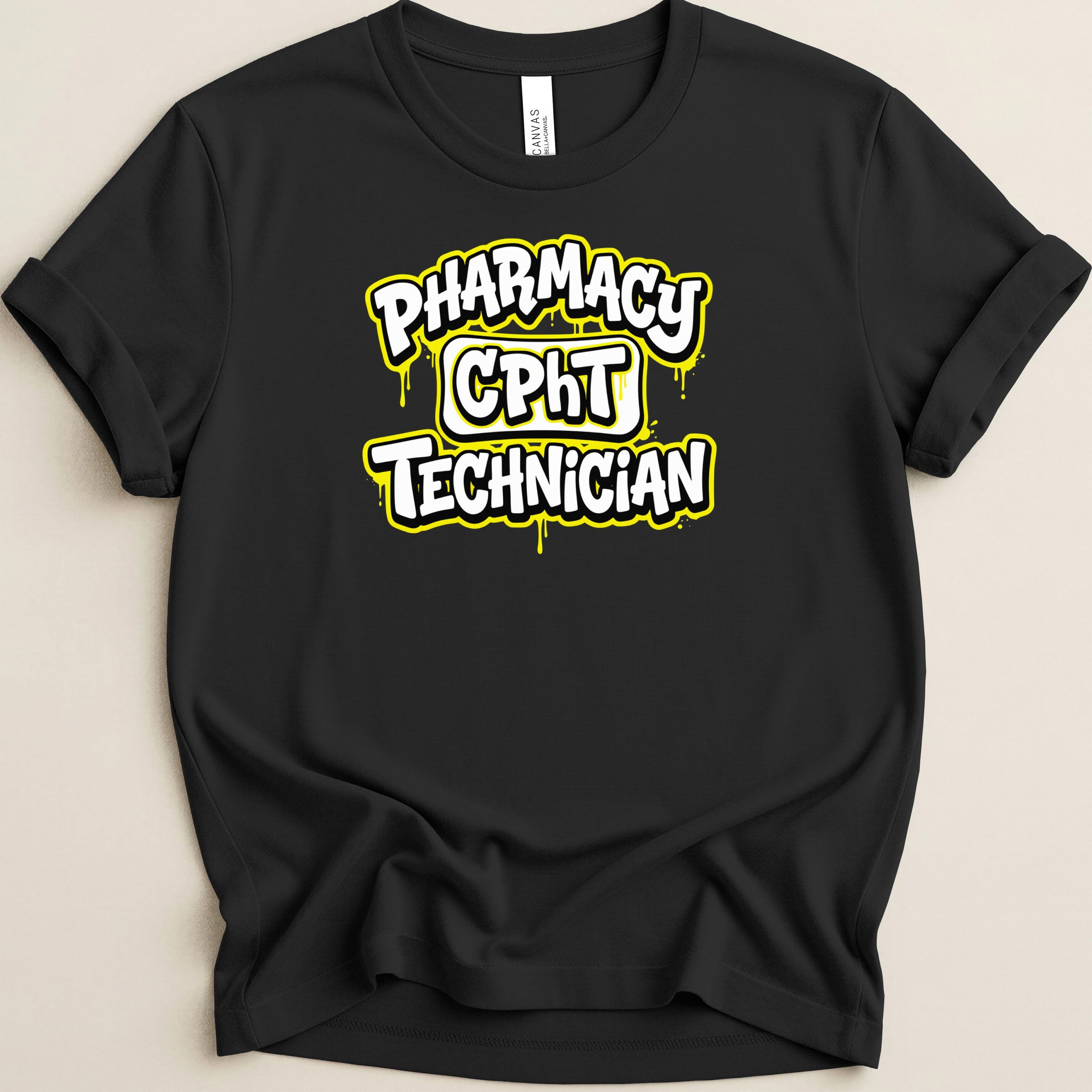 Black t-shirt with "Pharmacy CPHT Technician" in yellow graffiti-style text.