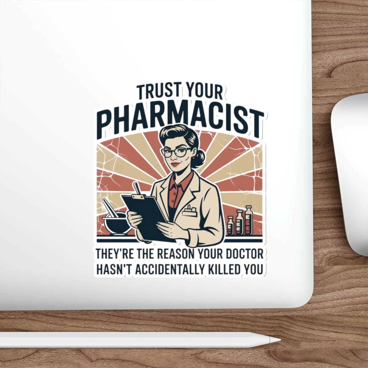 Pharmacist with clipboard and mortar and pestle.