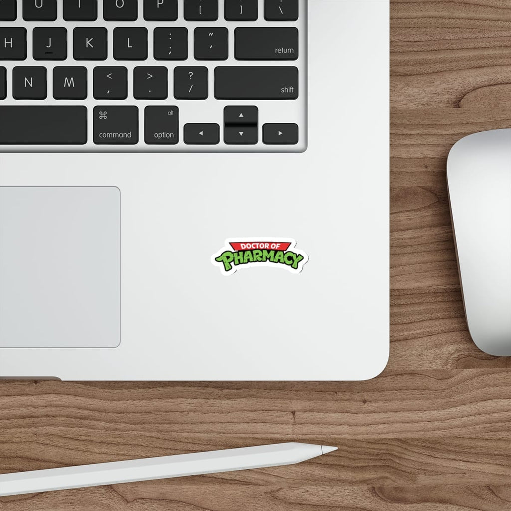 Sticker with "Doctor of Pharmacy" text on a laptop keyboard.