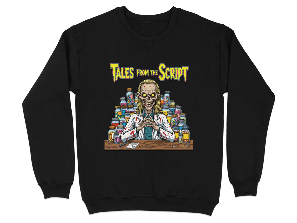 Black sweatshirt featuring "Tales from the Script" logo and a cartoon mad scientist.
