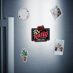 "RX Rated Open Late" magnet with a bowl and spoon on a refrigerator.