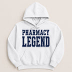 White hoodie with "PHARMACY LEGEND" text in navy blue.
