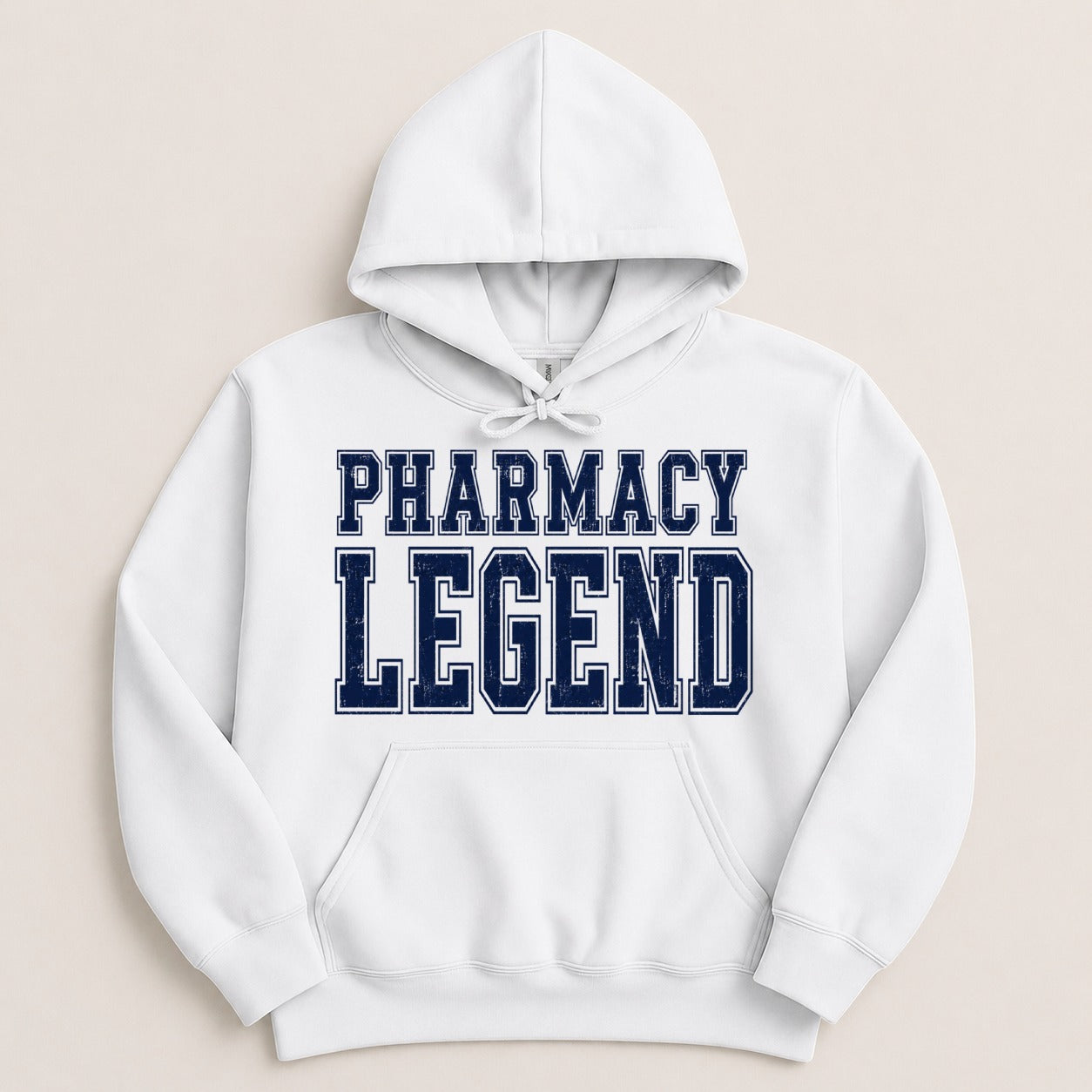 White hoodie with "PHARMACY LEGEND" text in navy blue.