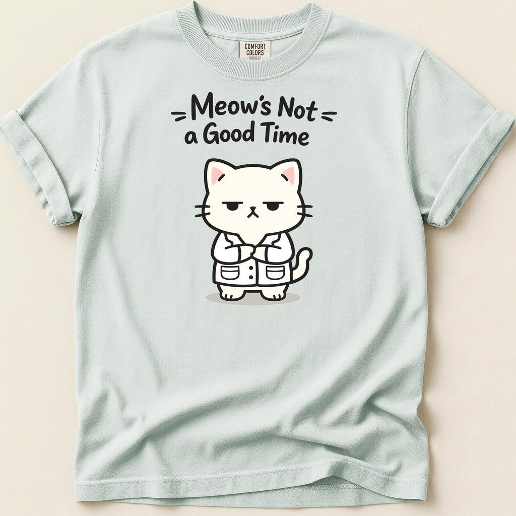 Light blue t-shirt with grumpy cat graphic and text "Meow's Not a Good Time".