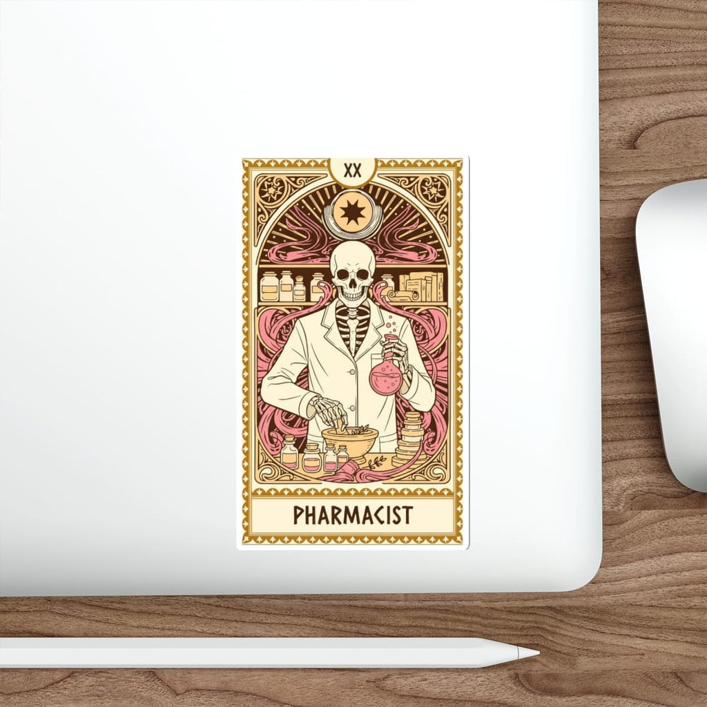 Skeleton pharmacist in lab coat holding flask and mortar and pestle.