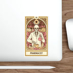 Skeleton pharmacist in lab coat holding flask and mortar and pestle.