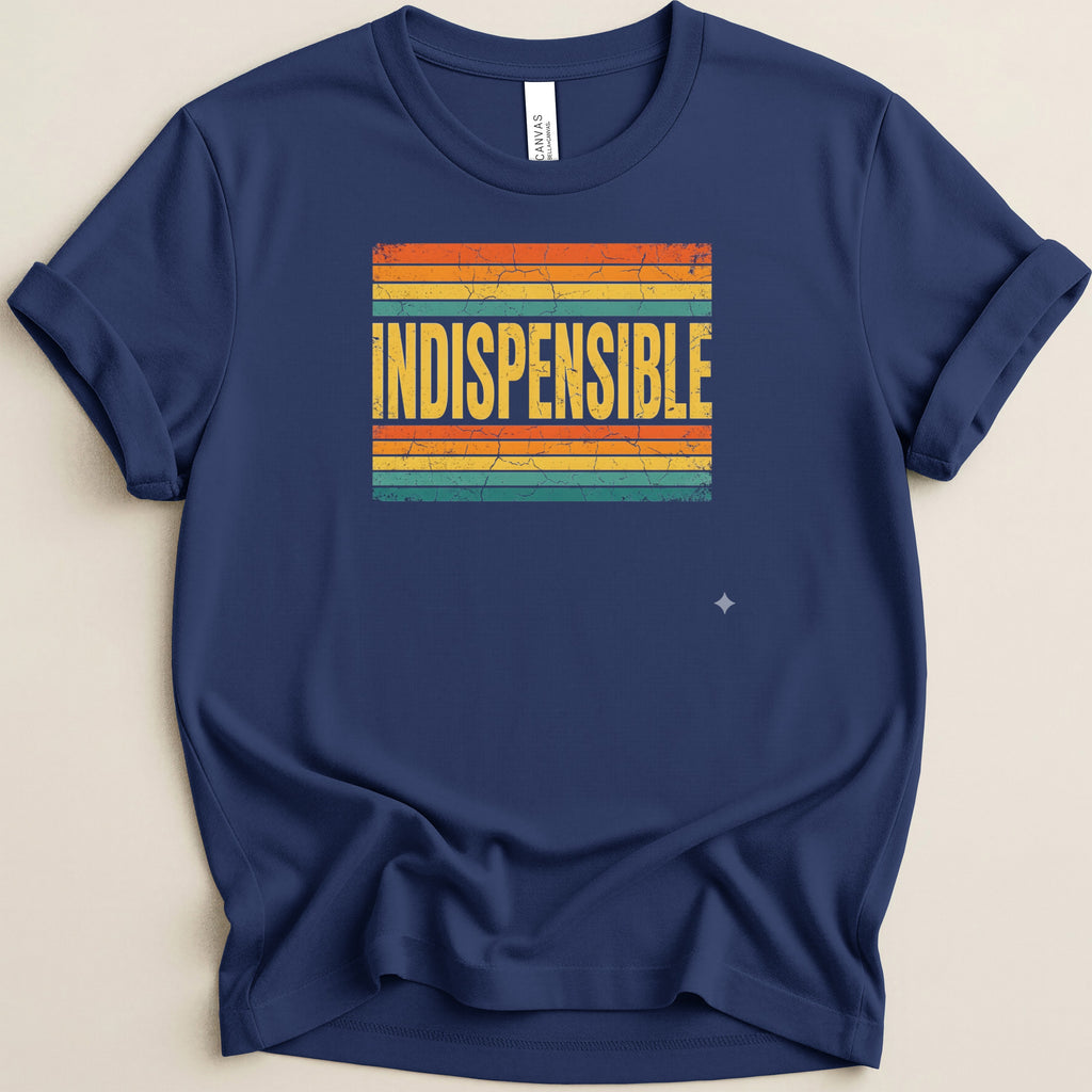Navy t-shirt with distressed rainbow stripes and "INDISPENSABLE" text.