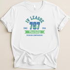 White t-shirt with "IV League 797 Pharmacy Premium Compounding" text.