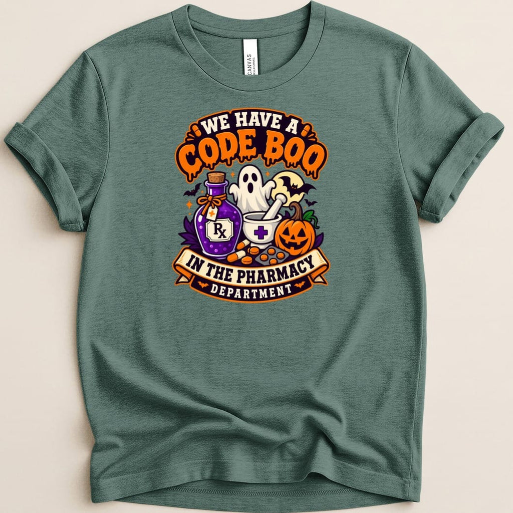 "We Have a Code Boo In The Pharmacy Department" Halloween graphic tee.