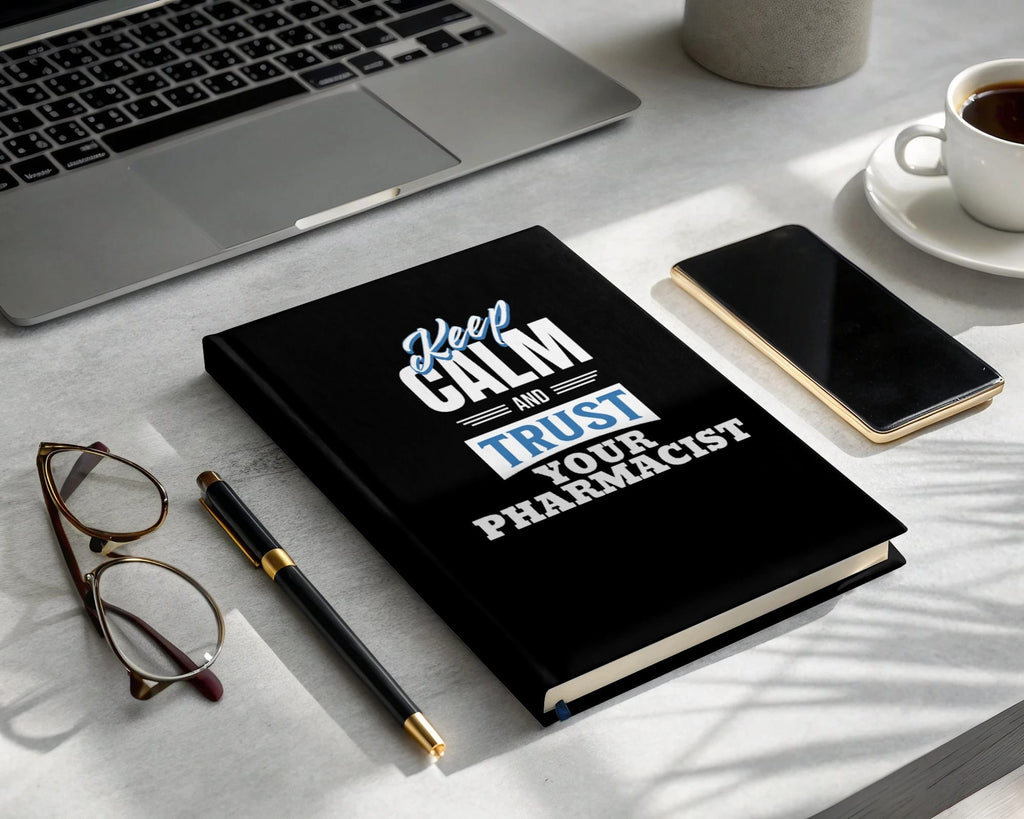 Black notebook with "Keep Calm and Trust Your Pharmacist" in white text.