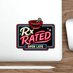 Neon sign with mortar and pestle, "Rx RATED OPEN LATE".