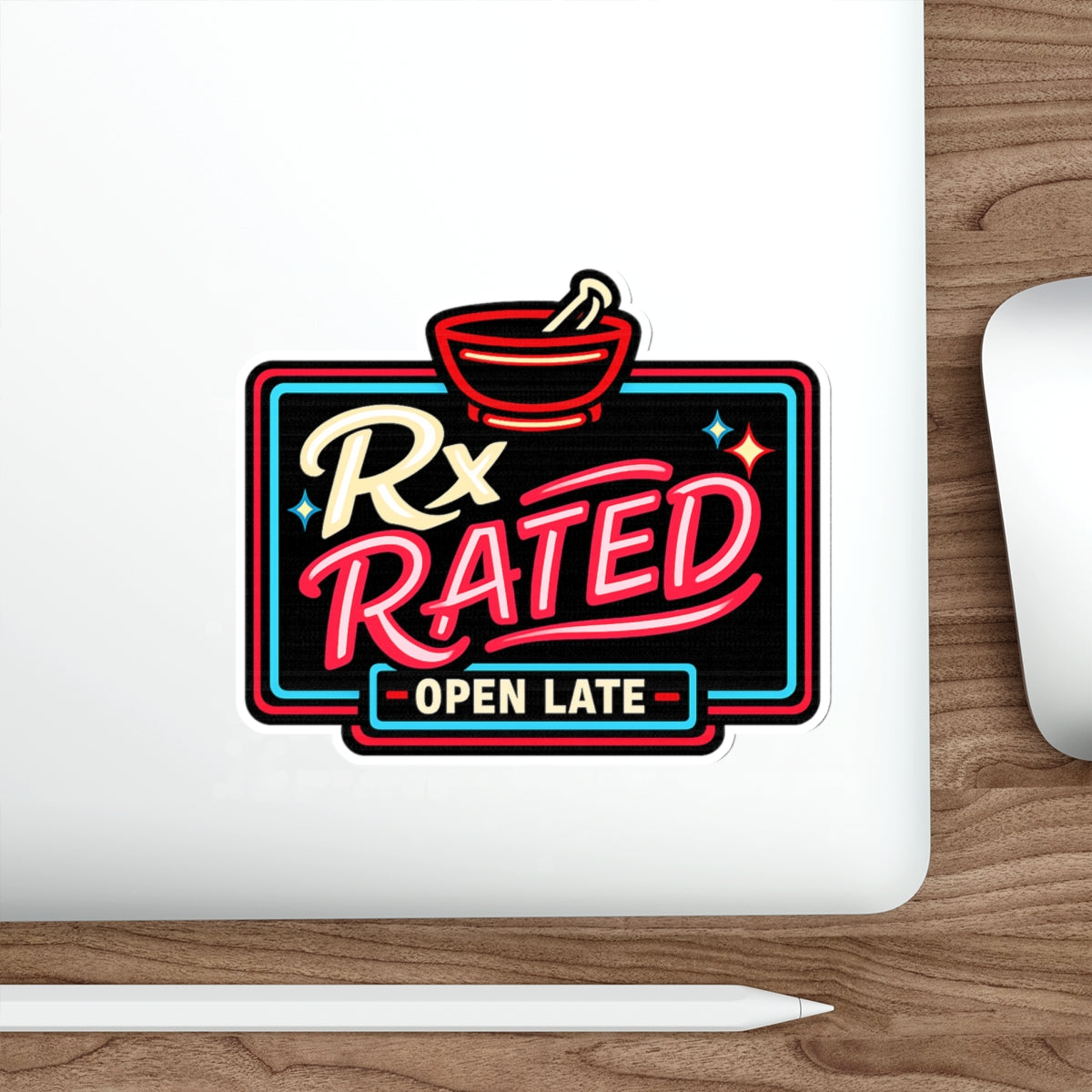 Neon sign with mortar and pestle, "Rx RATED OPEN LATE".