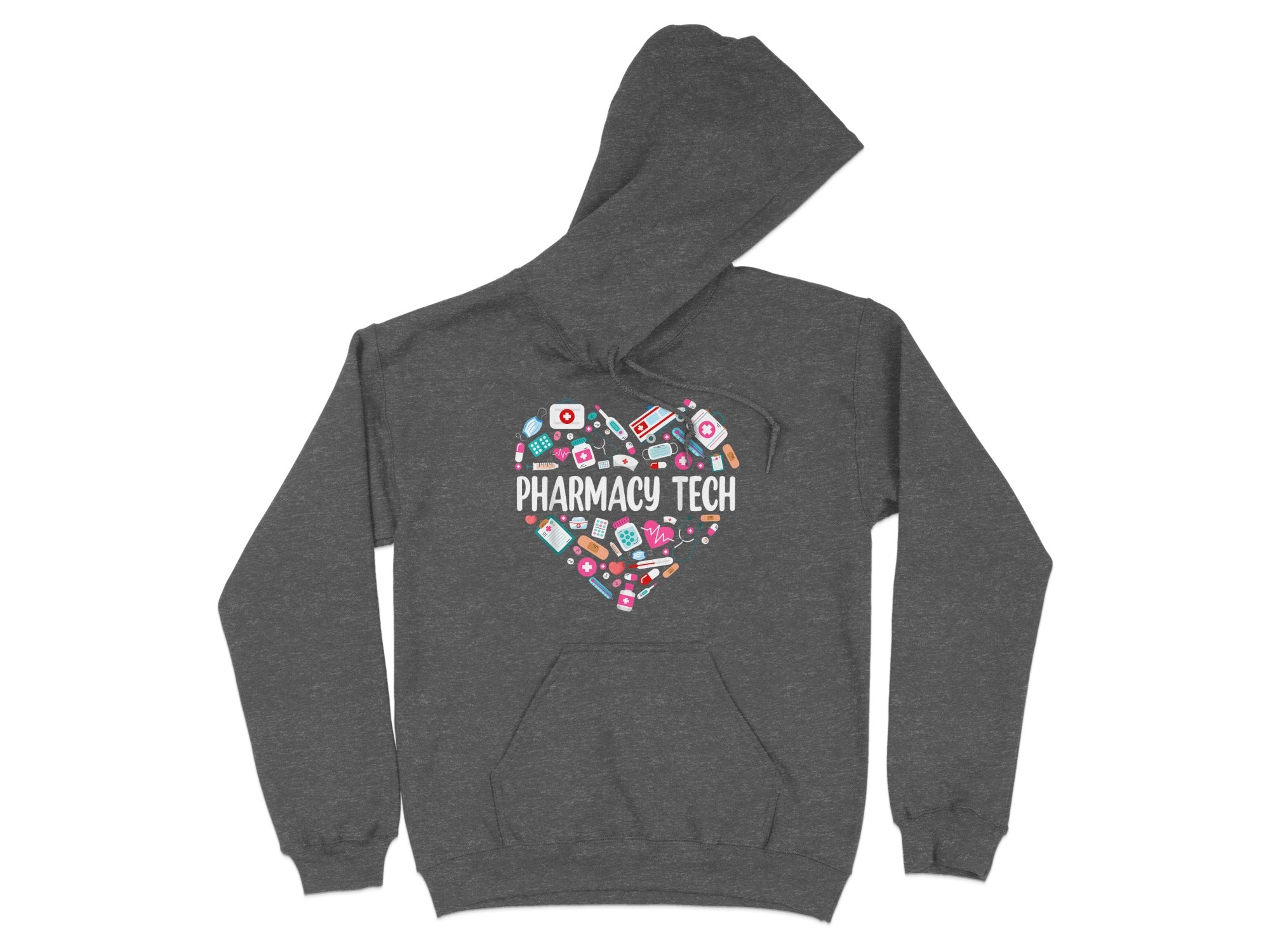 Gray hoodie with a heart design made of medical symbols and "Pharmacy Tech" text.