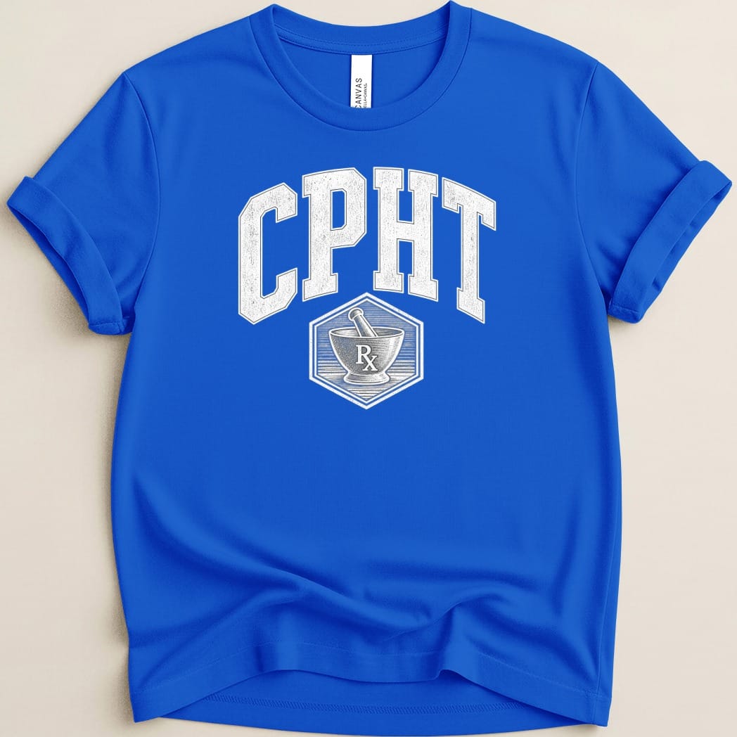 Blue crewneck t-shirt featuring white distressed text reading CPHT and a mortar and pestle symbol.