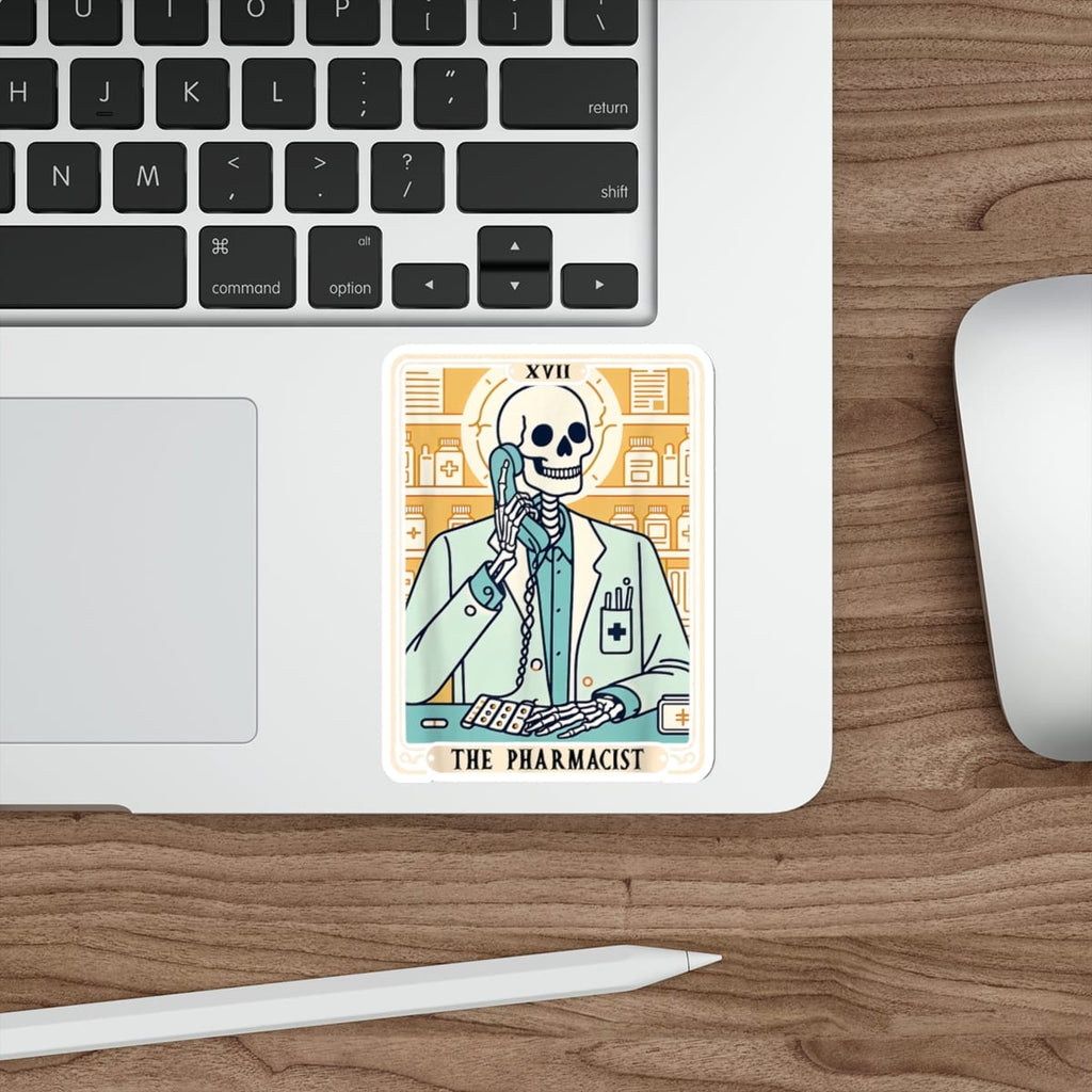 Skeleton pharmacist wearing a lab coat talks on a retro phone, from a tarot card.