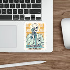 Skeleton pharmacist wearing a lab coat talks on a retro phone, from a tarot card.