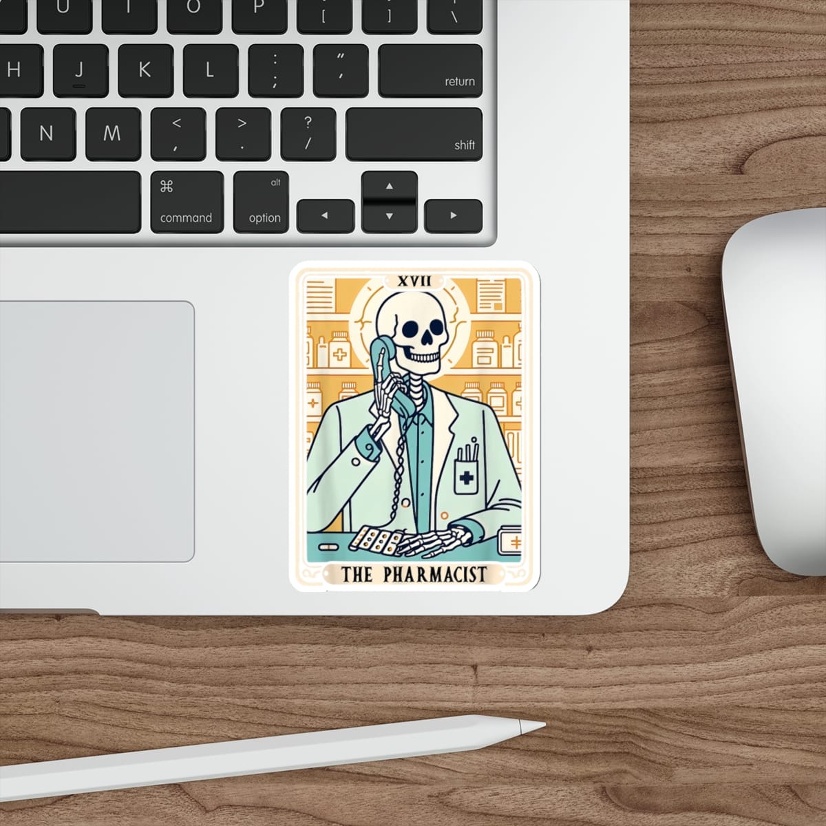 Skeleton pharmacist wearing a lab coat talks on a retro phone, from a tarot card.