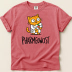 T-shirt features a cartoon cat in a lab coat holding medicine bottles, text reads "PHARMEOWCIST".