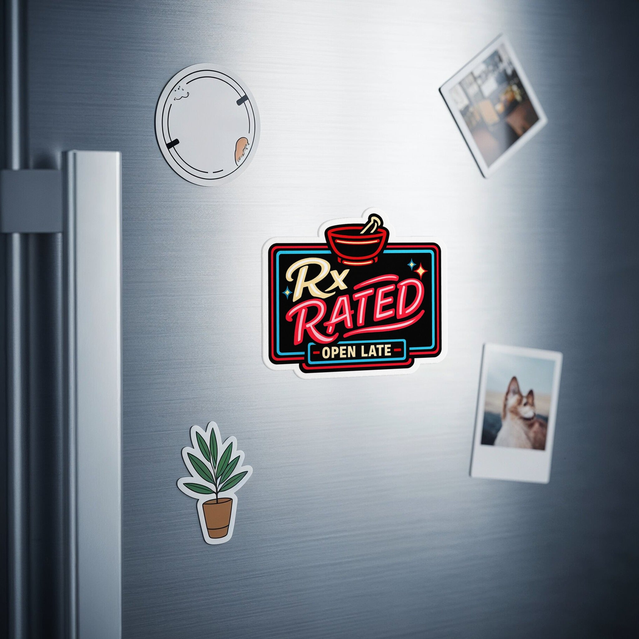 Neon sign magnet "Rx Rated Open Late" on a refrigerator.