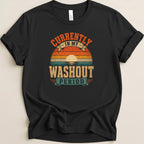 Black t-shirt with "Currently in my washout period" sunset graphic.