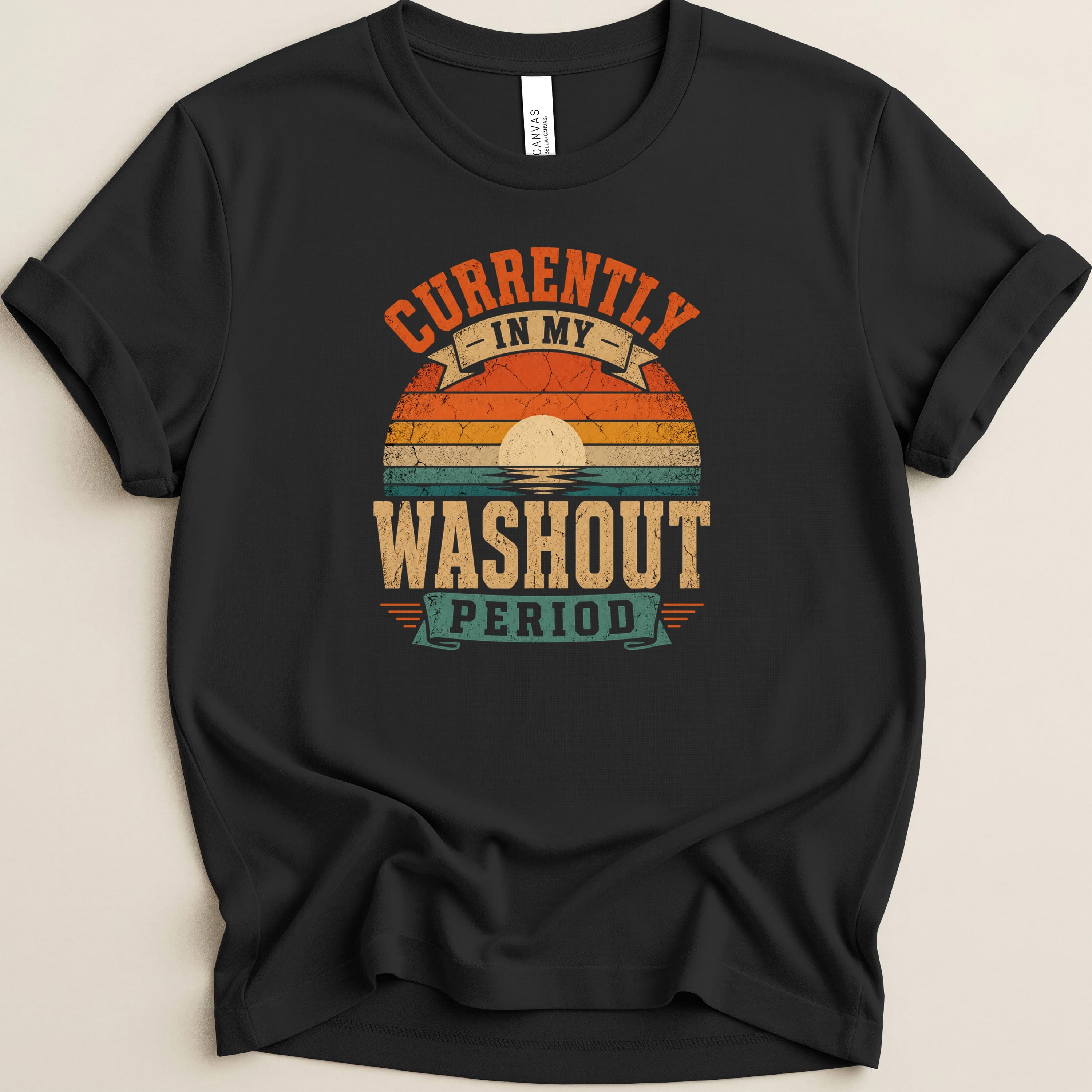 Black t-shirt with "Currently in my washout period" sunset graphic.