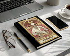 Black notebook with "Pharmacist" text and skeleton illustration on a desk.