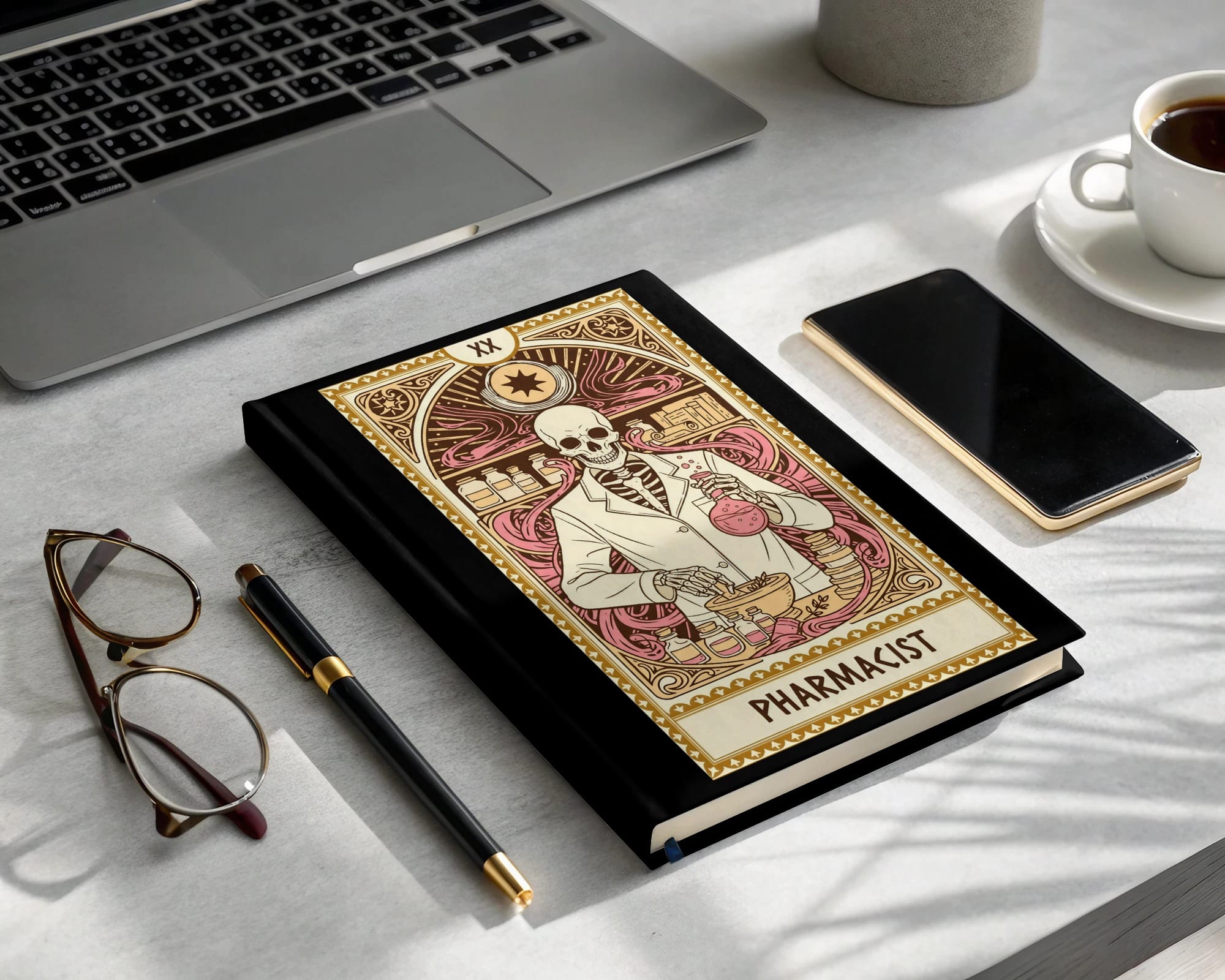 Black notebook with "Pharmacist" text and skeleton illustration on a desk.