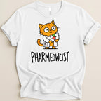 White t-shirt with cartoon cat in lab coat holding pills, text "PHARMEOWCIST".