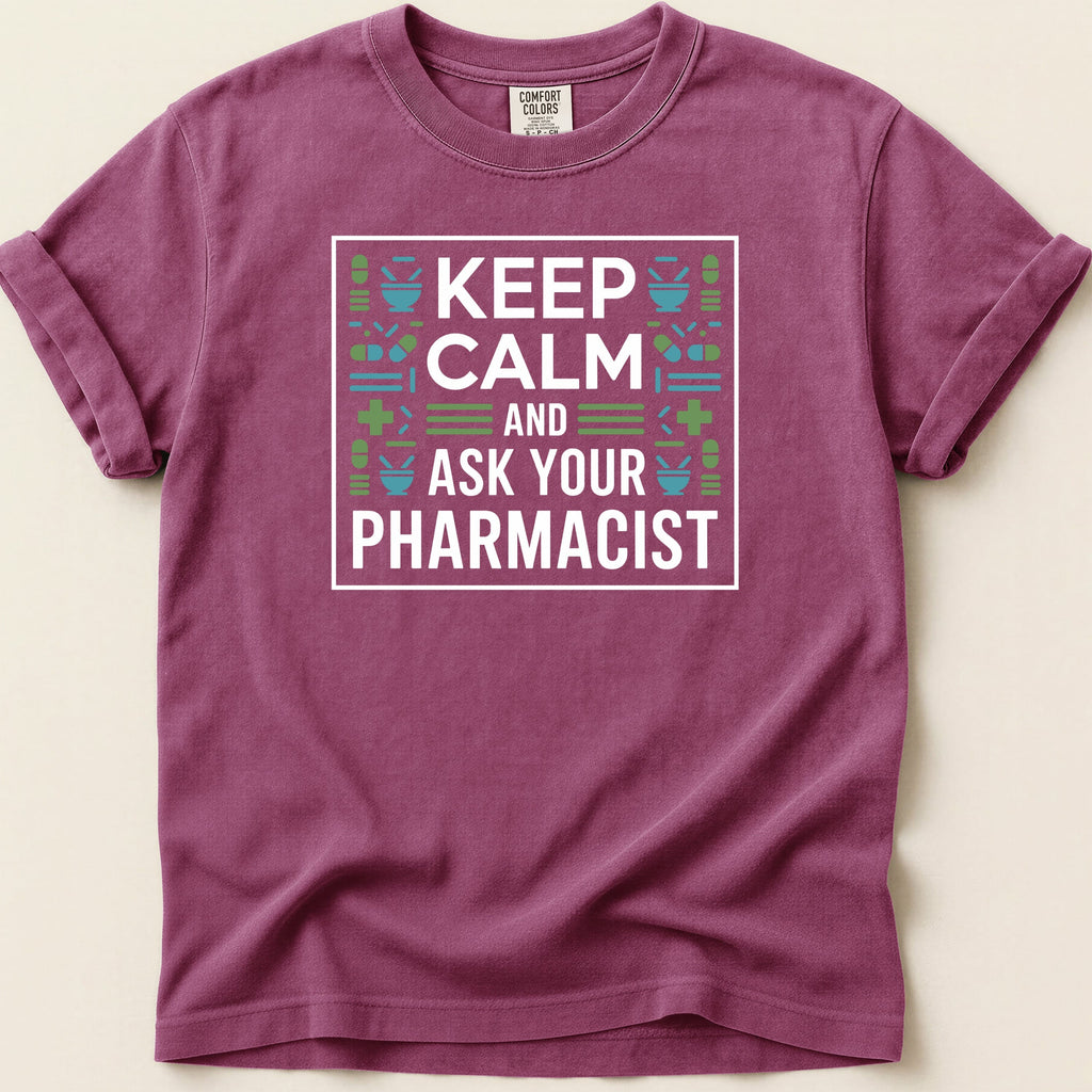 T-shirt with "Keep Calm and Ask Your Pharmacist" slogan and pharmacy icons.