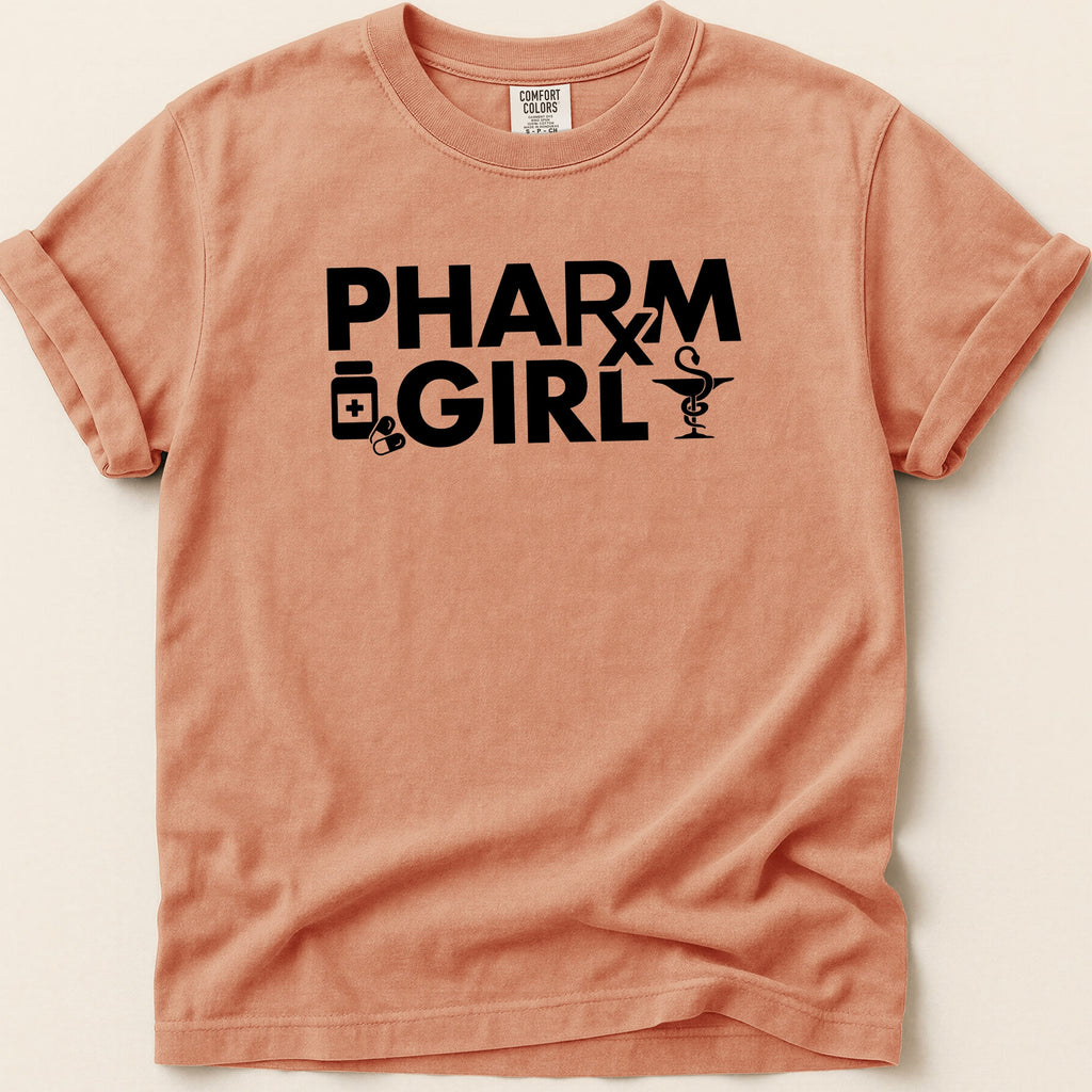 Peach t-shirt with "PHARM GIRL" text and medical icons.