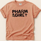 Peach t-shirt with "PHARM GIRL" text and medical icons.