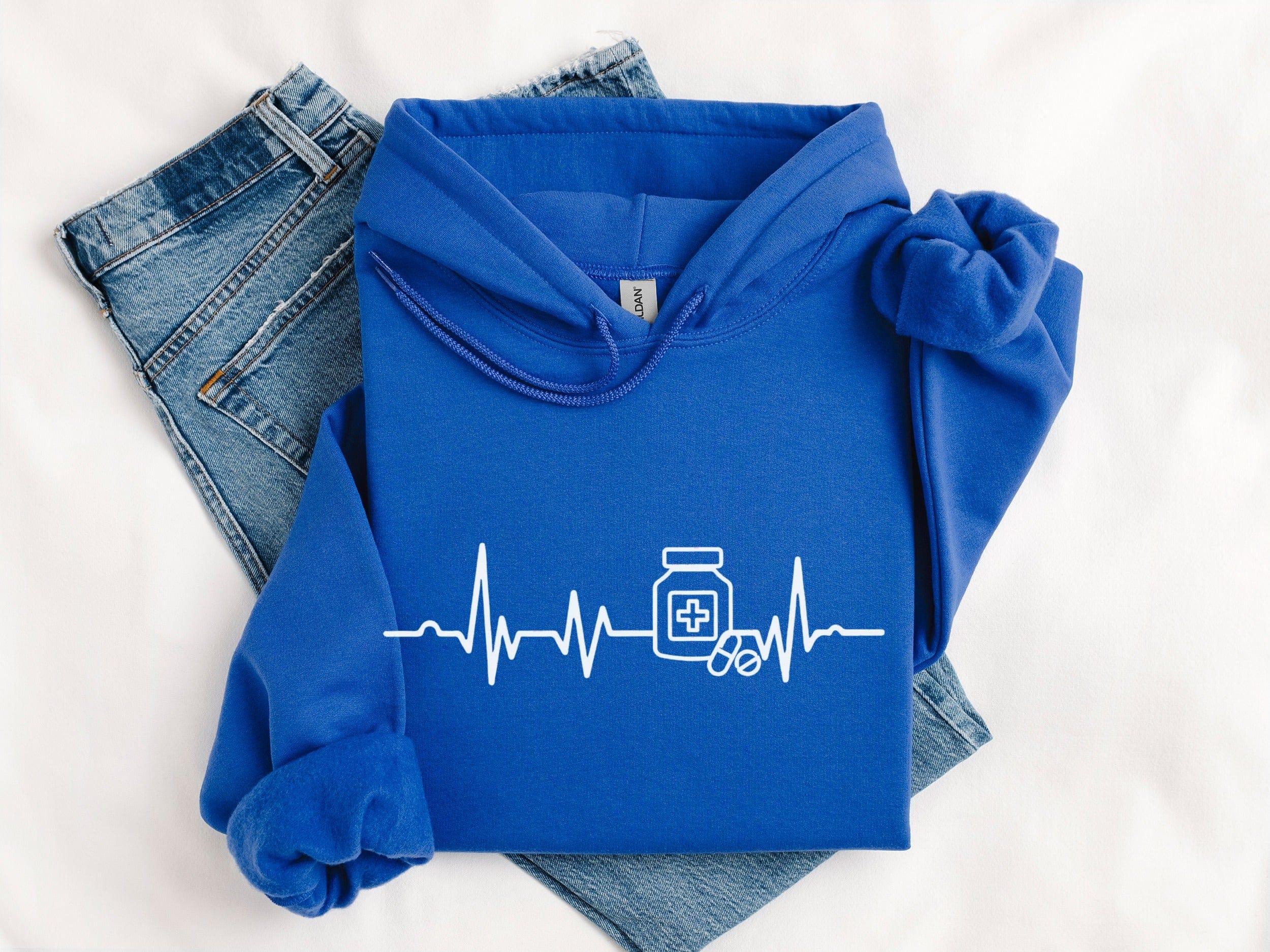 Blue Hoodie with Medical Symbol and Heartbeat Design