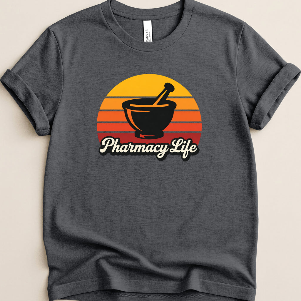 Dark t-shirt with a mortar and pestle and "Pharmacy Life" text.