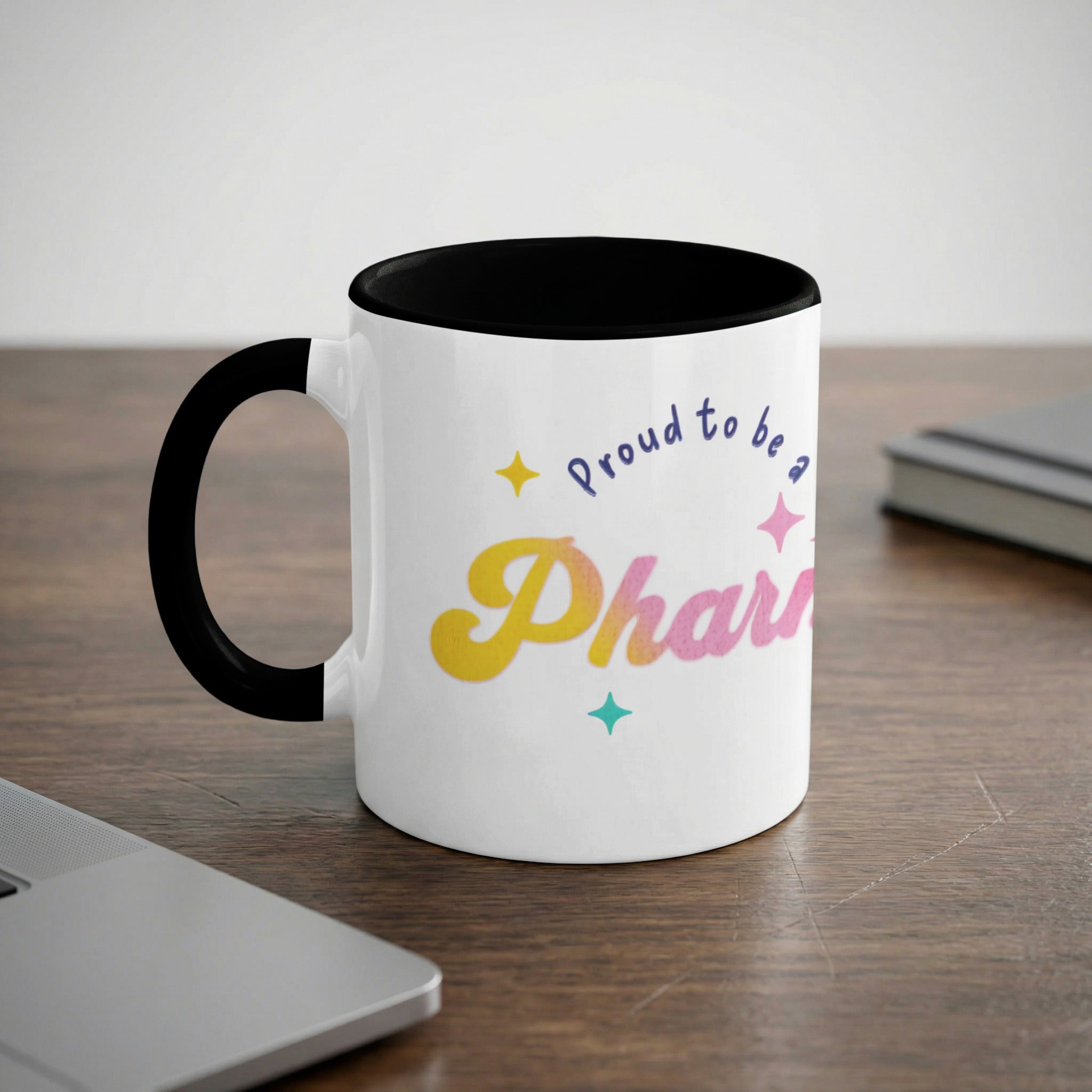 Mug with "Proud to be a Pharma" text, with colorful stars.