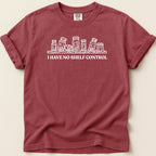 Maroon t-shirt with a white graphic of pill bottles and the text "I HAVE NO SHELF CONTROL".