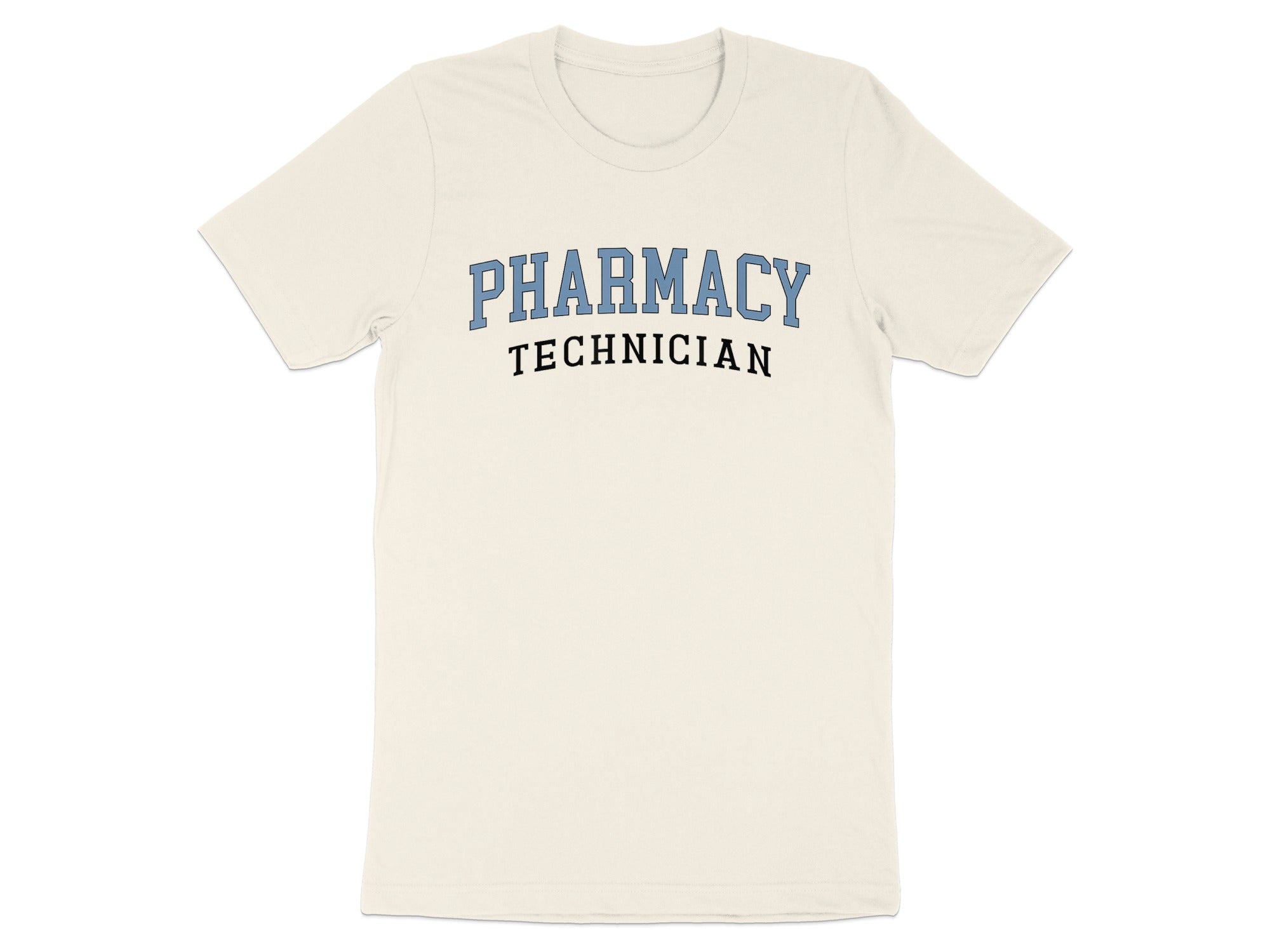 Cream t-shirt with "Pharmacy Technician" text in blue collegiate font.