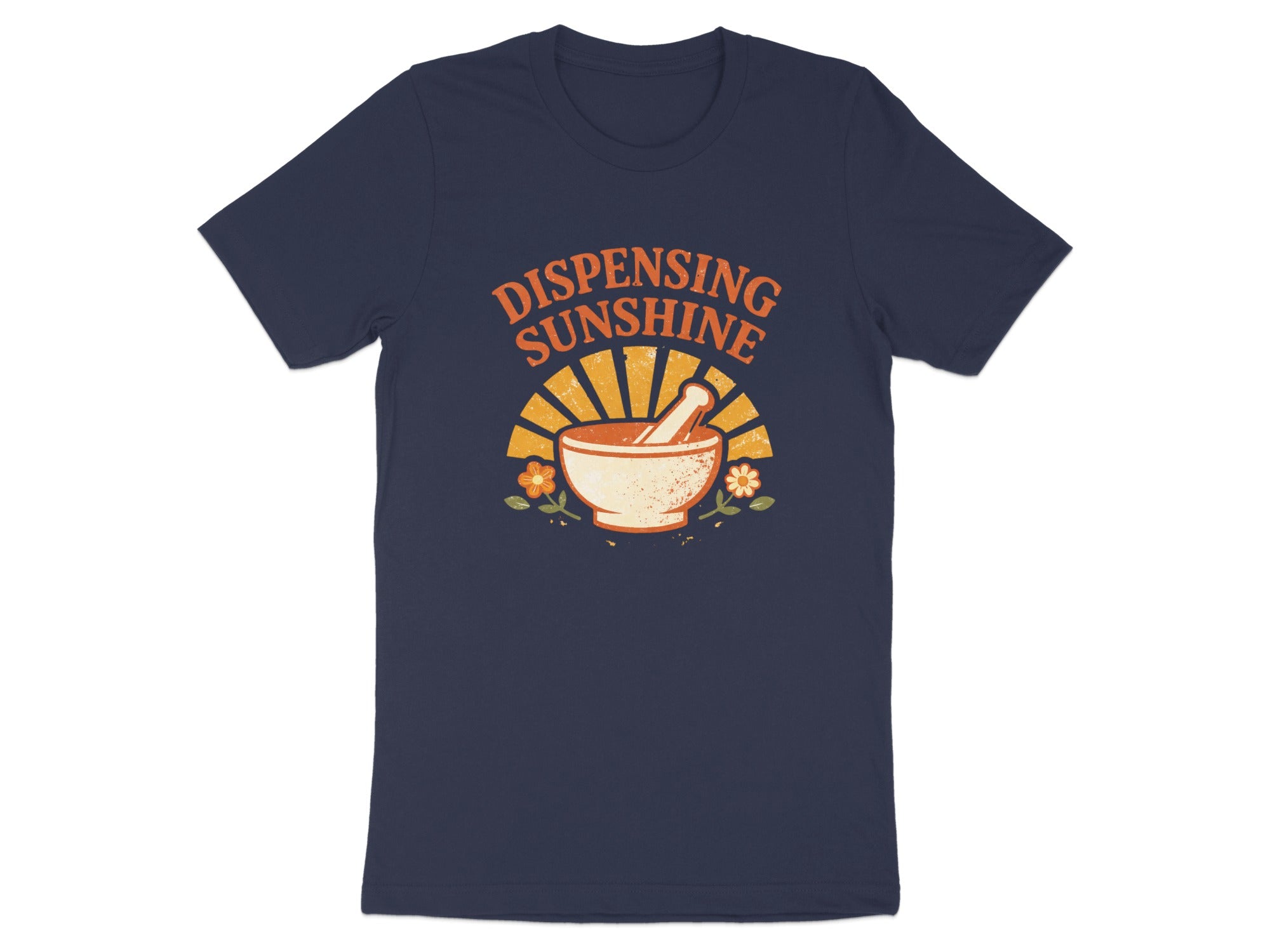 Navy t-shirt with "DISPENSING SUNSHINE" text and a mortar and pestle.