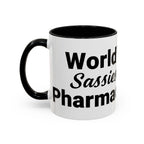 White mug with black handle and interior, "World's Sassiest Pharmacist" text.