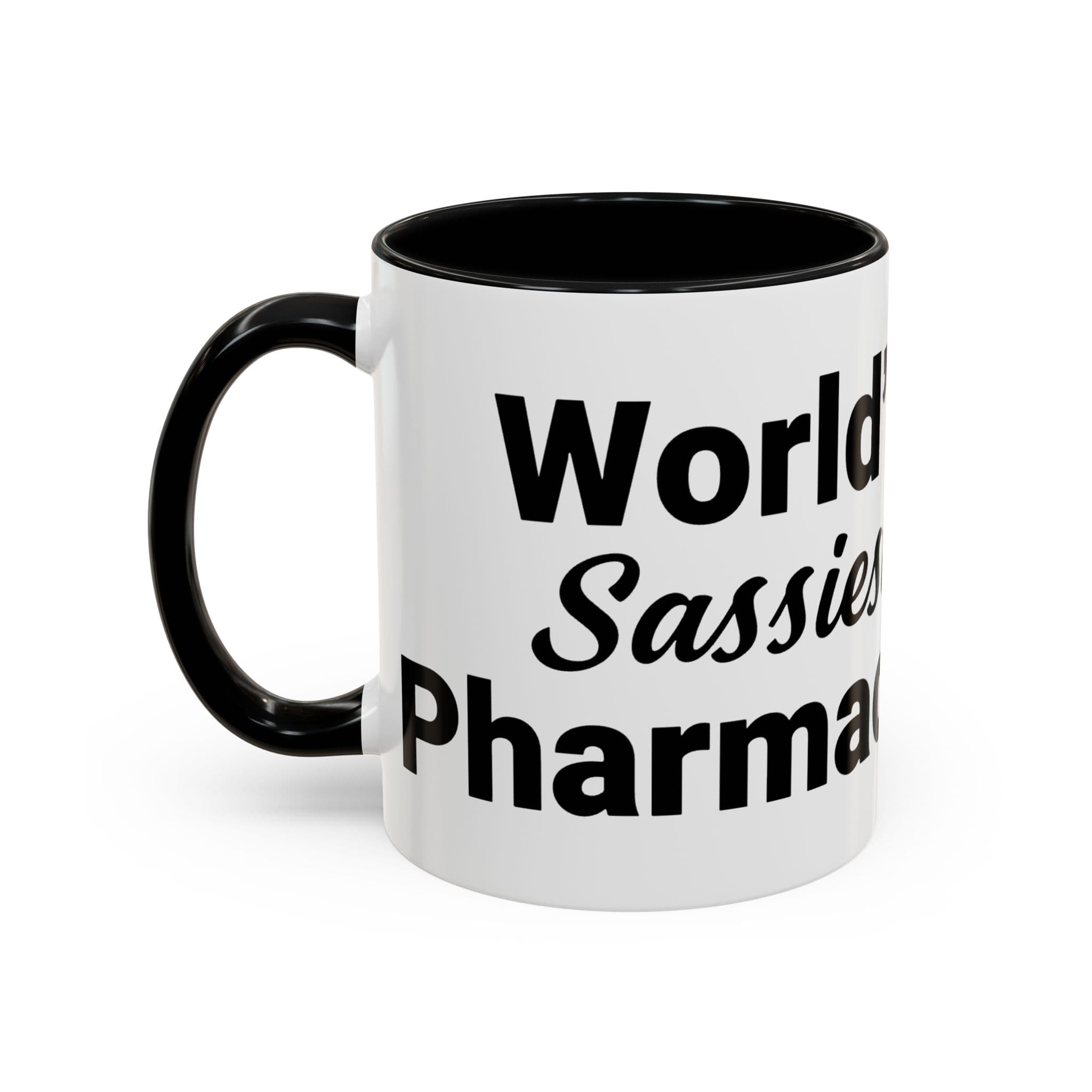 White mug with black handle and interior, "World's Sassiest Pharmacist" text.