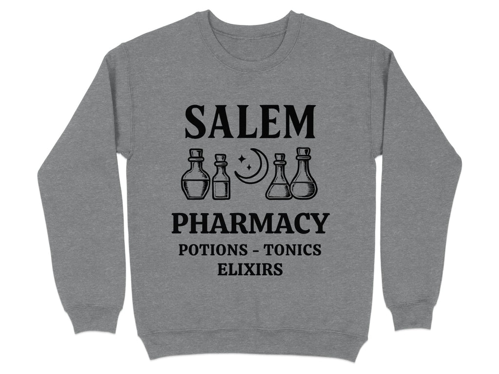 Grey sweatshirt with "Salem Pharmacy Potions - Tonics - Elixirs" and potion bottle graphics.