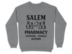 Grey sweatshirt with "Salem Pharmacy Potions - Tonics - Elixirs" and potion bottle graphics.