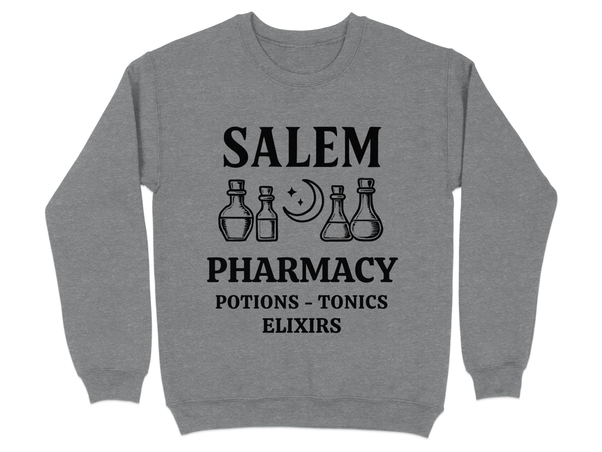 Grey sweatshirt with "Salem Pharmacy Potions - Tonics - Elixirs" and potion bottle graphics.