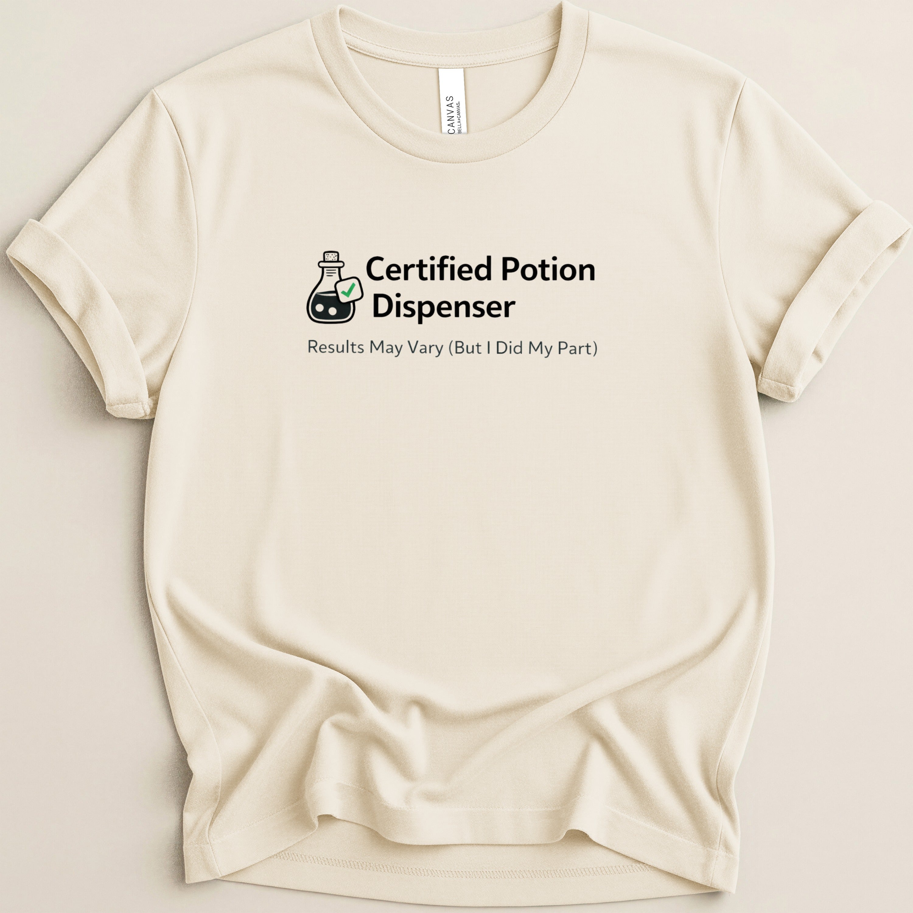Cream t-shirt with "Certified Potion Dispenser" and a potion bottle graphic.
