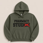 Green hoodie with "Pharmacy Student" text, the "ent" is crossed out.