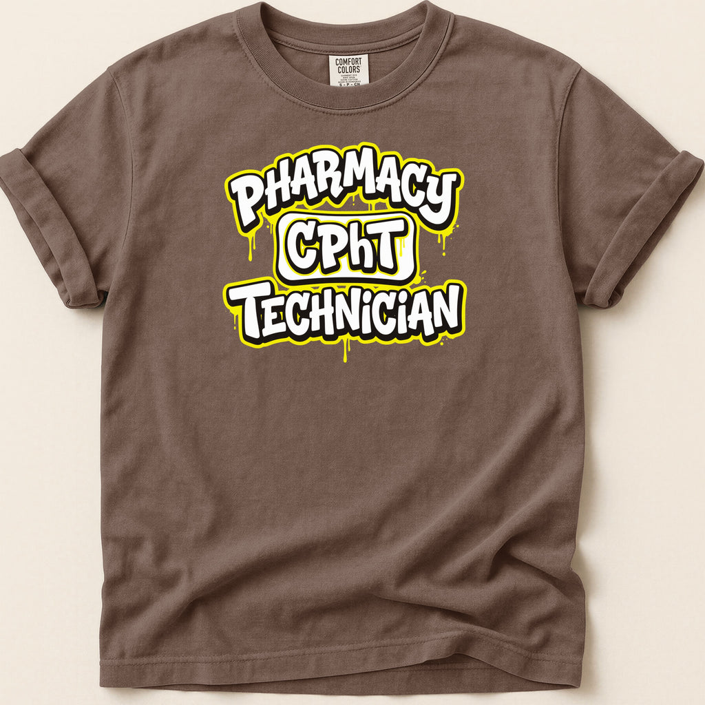 Brown t-shirt with "Pharmacy CPhT Technician" text.