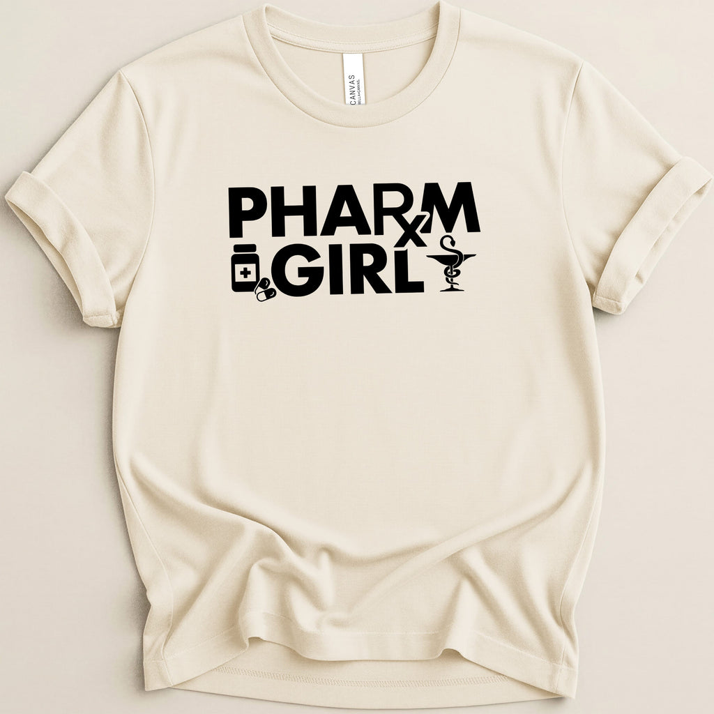 Cream t-shirt with "PHARM GIRL" text and pharmacy symbols.